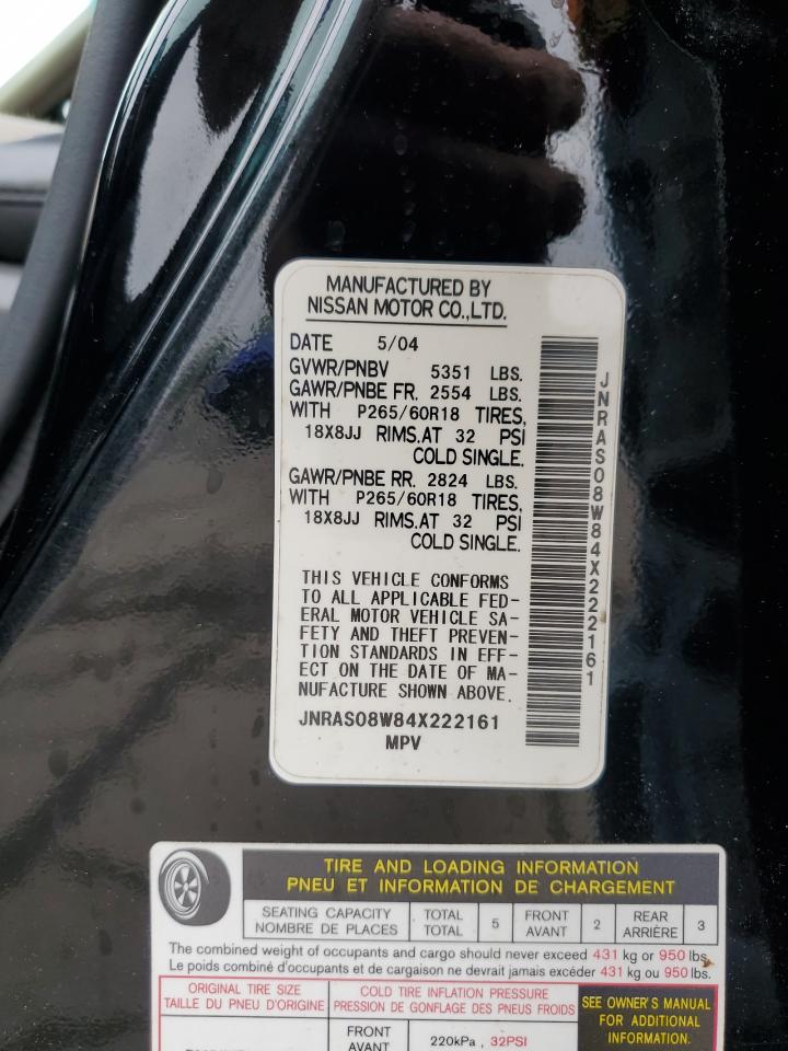 2004 Infiniti Fx35 VIN: JNRAS08W84X222161 Lot: 62659545
