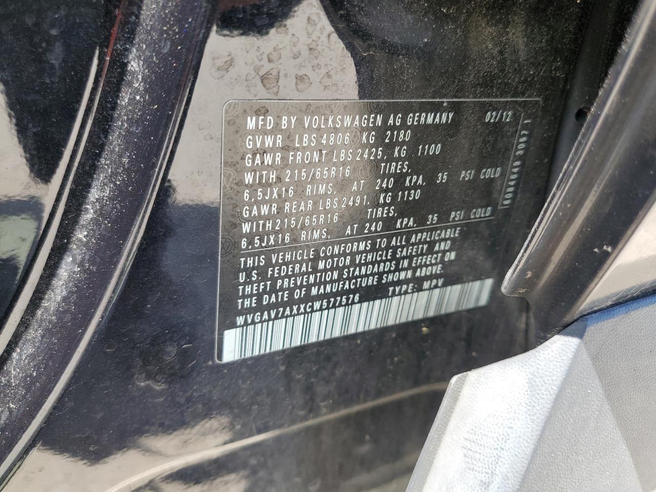 2012 Volkswagen Tiguan S VIN: WVGAV7AXXCW577576 Lot: 63107735