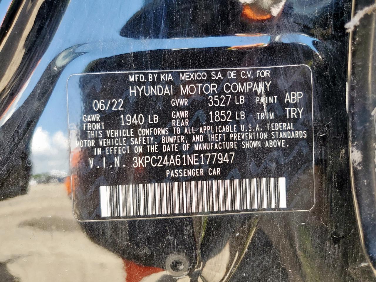 2022 Hyundai Accent Se VIN: 3KPC24A61NE177947 Lot: 62693335