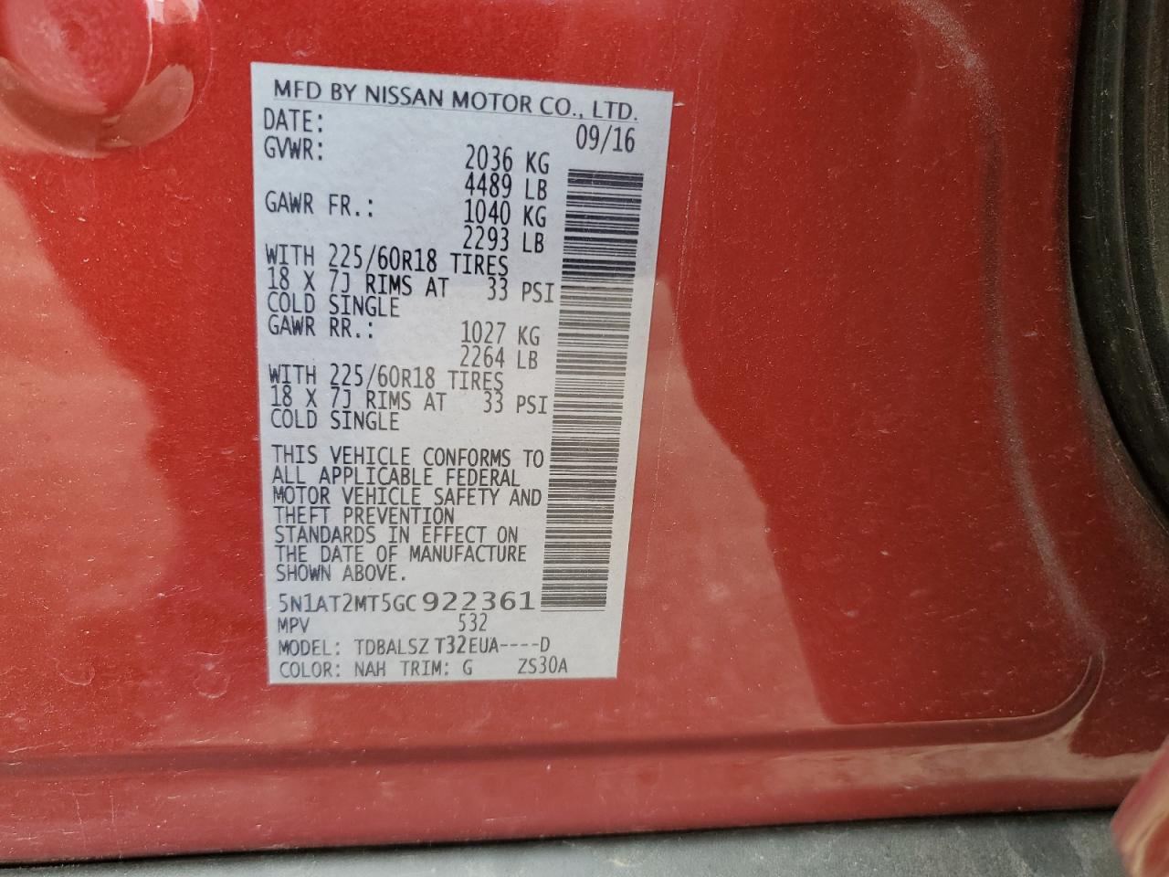 2016 Nissan Rogue S VIN: 5N1AT2MT5GC922361 Lot: 62523895