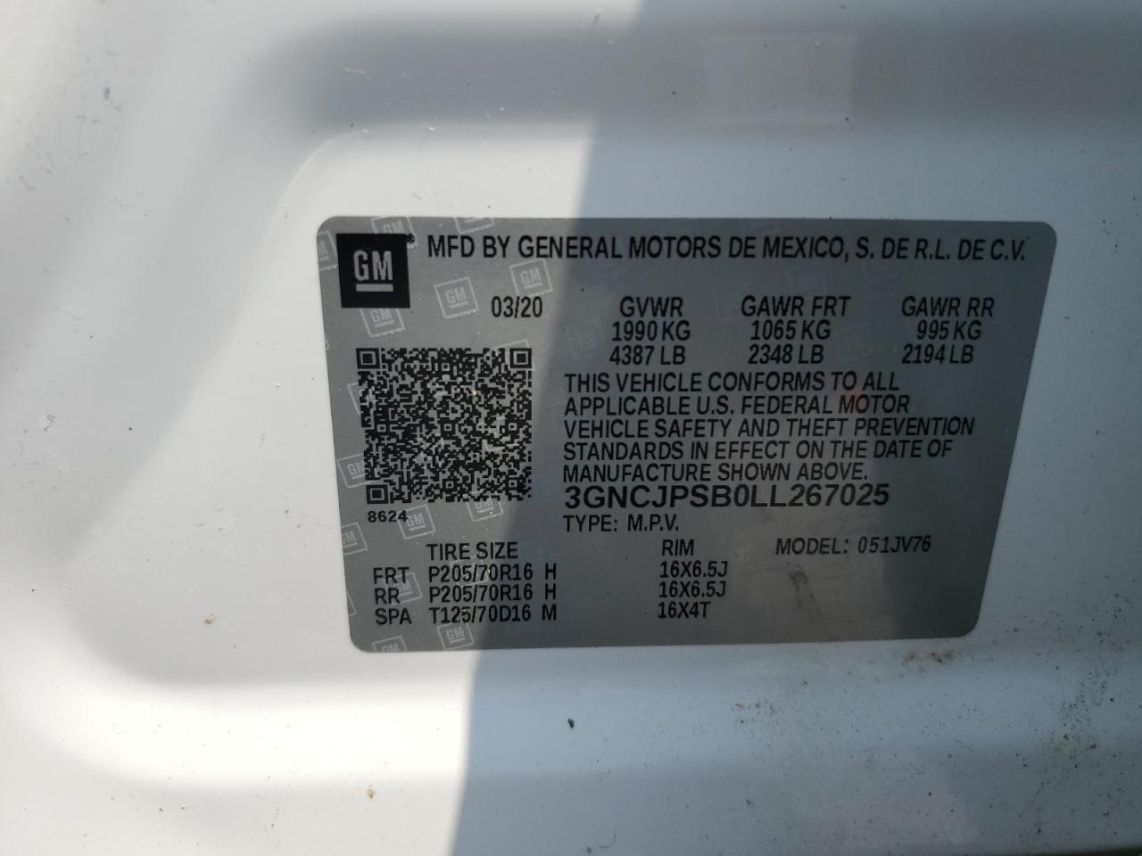 3GNCJPSB0LL267025 CHEVROLET TRAX 2020