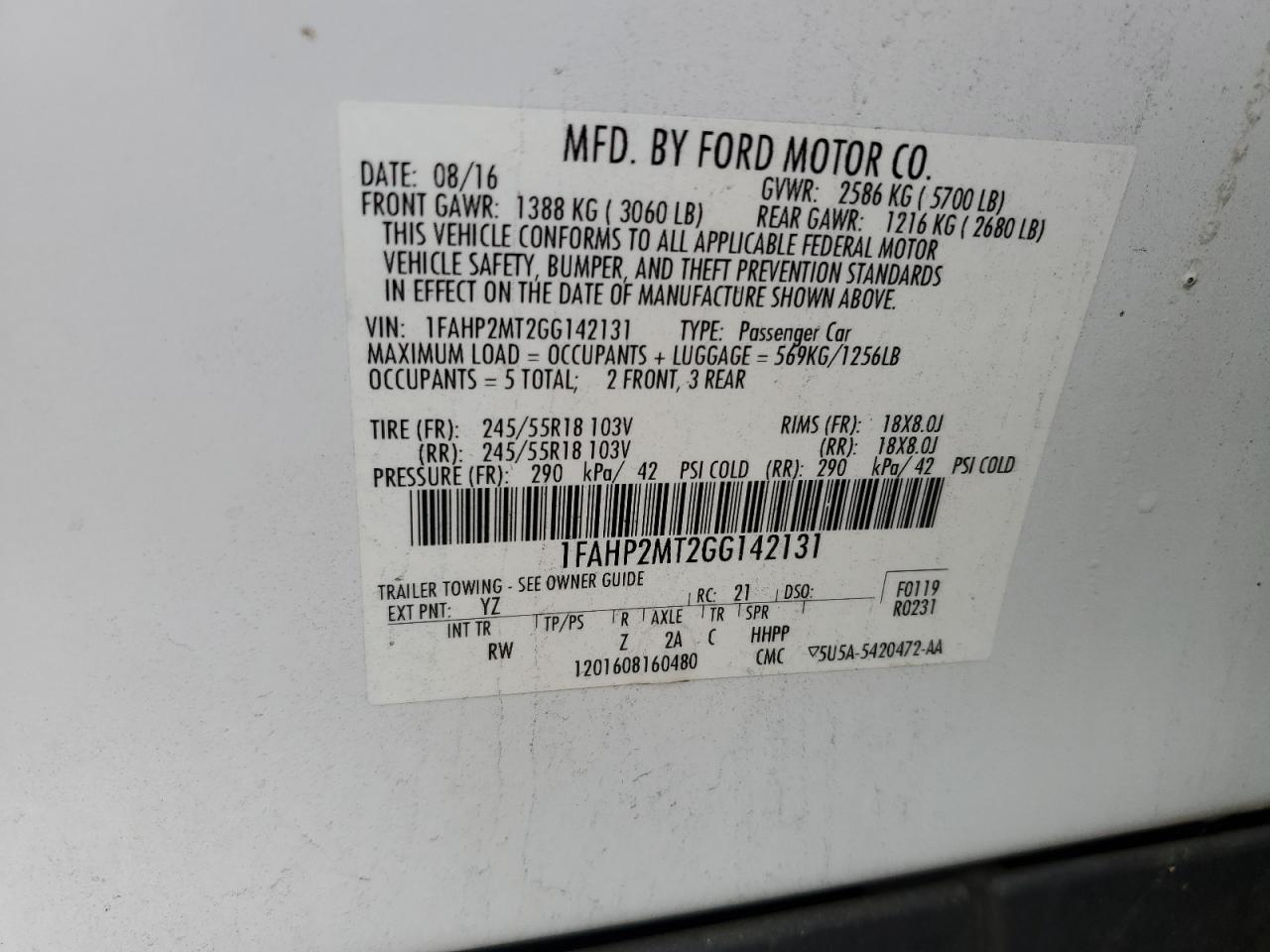 1FAHP2MT2GG142131 FORD TAURUS 2016