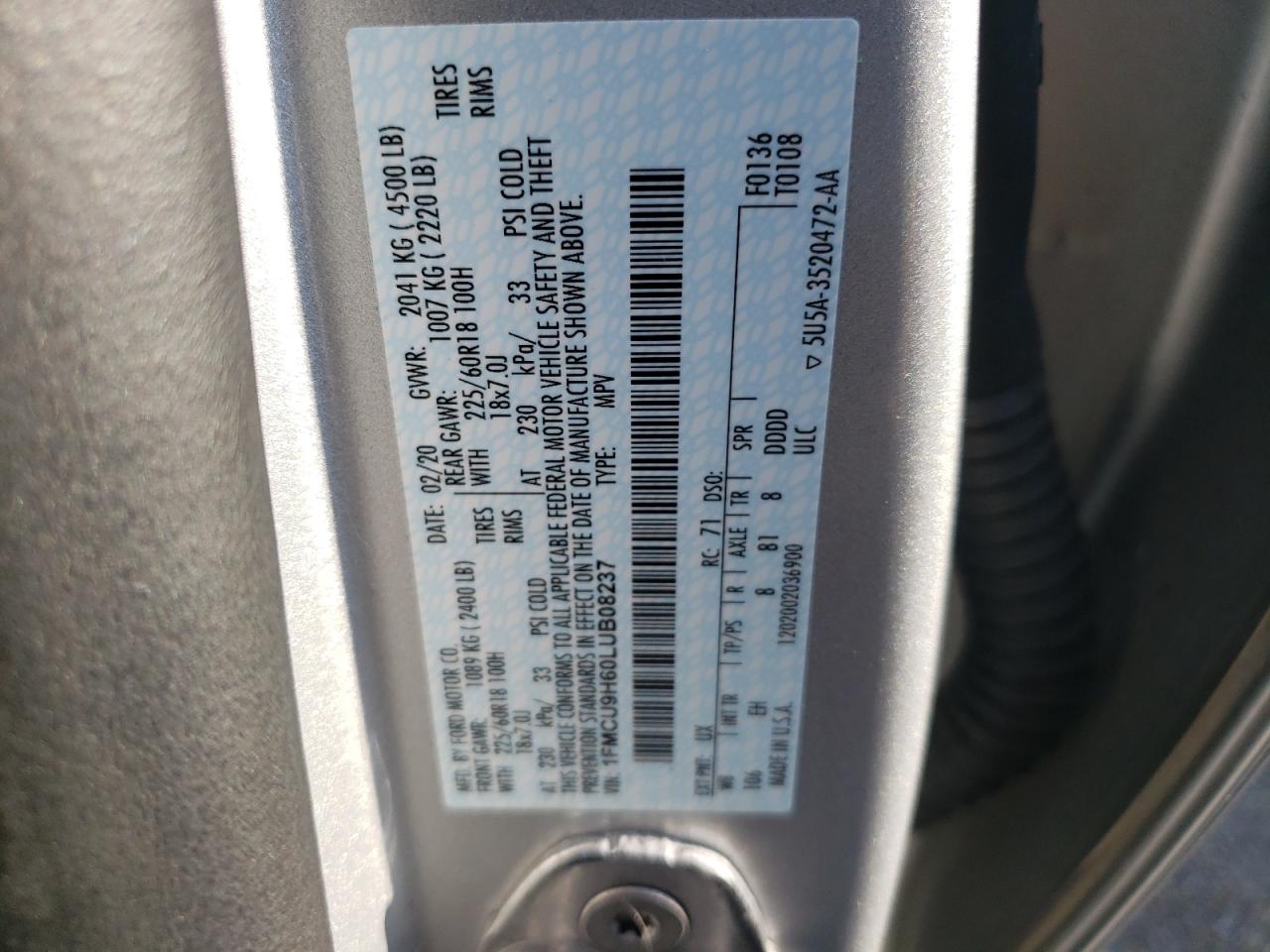 1FMCU9H60LUB08237 FORD ESCAPE 2020