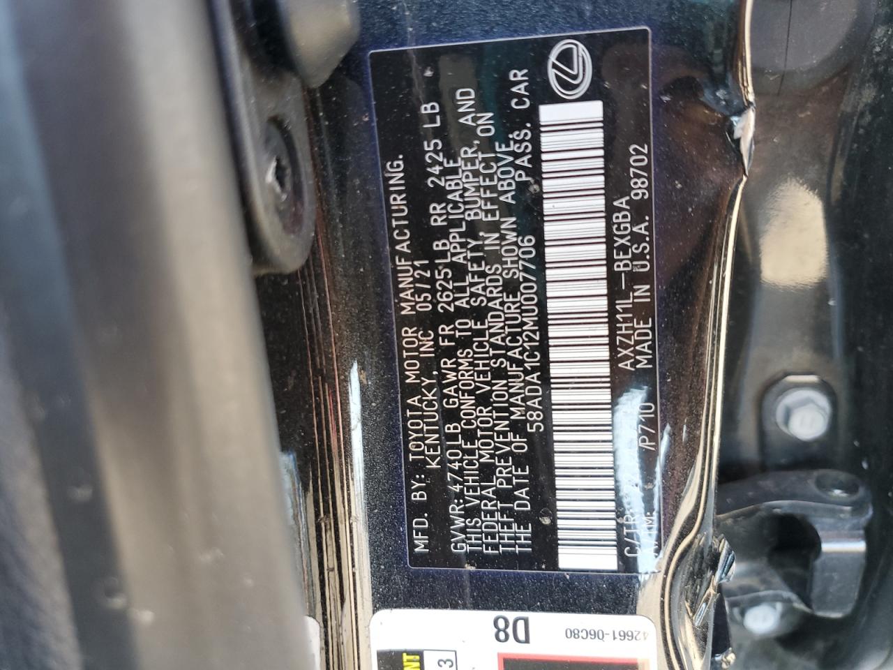 2021 Lexus Es 300H VIN: 58ADA1C12MU007706 Lot: 61953195