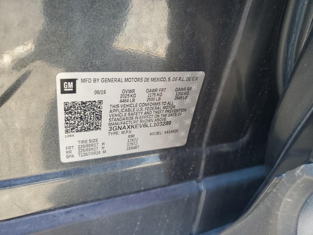 2020 Chevrolet Equinox Lt VIN: 3GNAXKEV6LL103289 Lot: 61650295