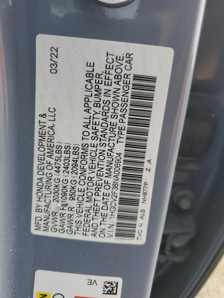 2022 Honda Accord Sport VIN: 1HGCV2F38NA006904 Lot: 62453275