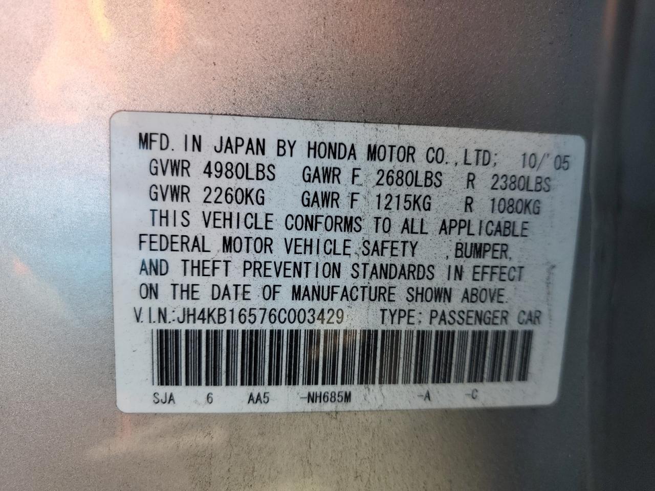 2006 Acura Rl VIN: JH4KB16576C003429 Lot: 59380275