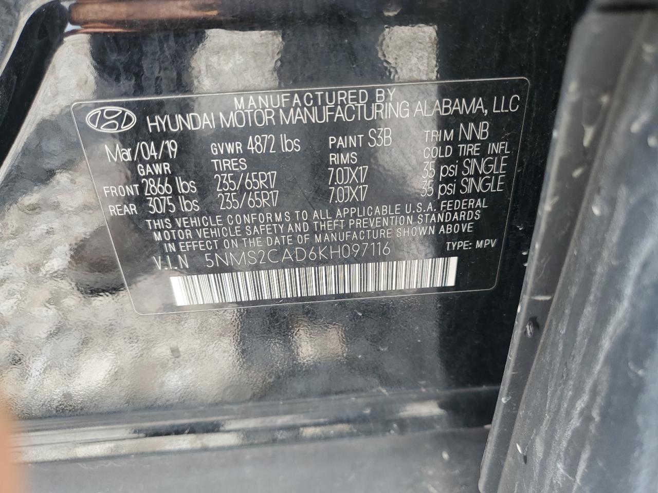 2019 Hyundai Santa Fe Se VIN: 5NMS2CAD6KH097116 Lot: 63056255