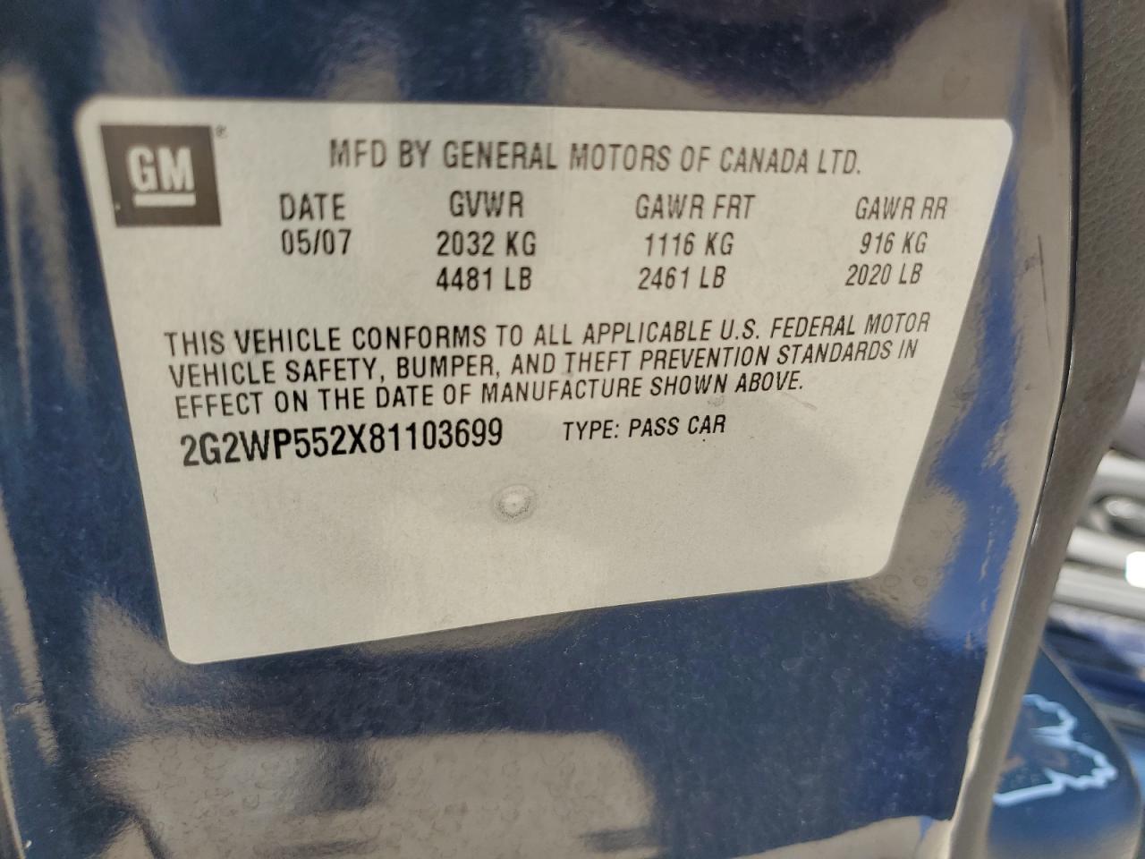 2008 Pontiac Grand Prix VIN: 2G2WP552X81103699 Lot: 61565325