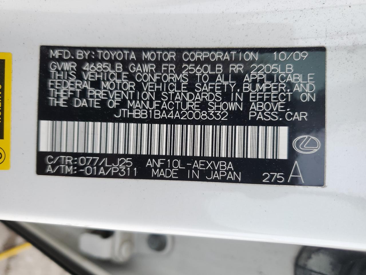 2010 Lexus Hs 250H VIN: JTHBB1BA4A2008332 Lot: 61770525
