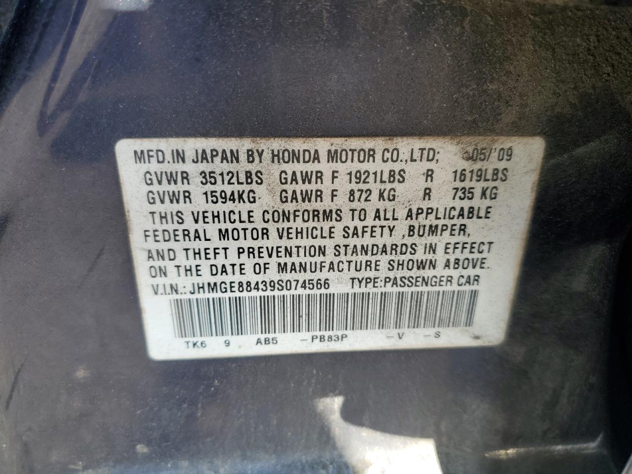2009 Honda Fit Sport VIN: JHMGE88439S074566 Lot: 60436965