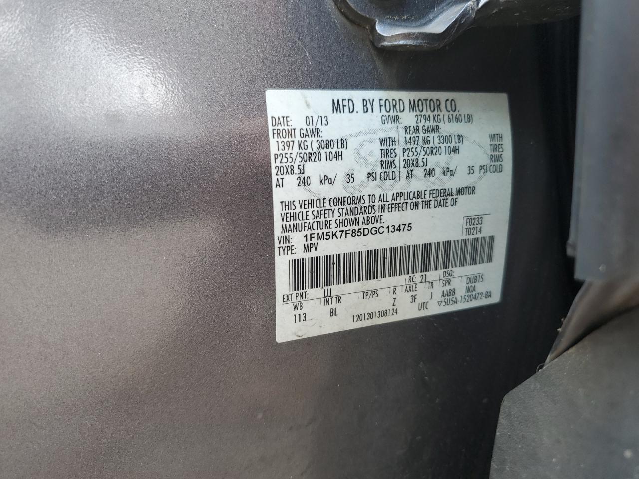 2013 Ford Explorer Limited VIN: 1FM5K7F85DGC13475 Lot: 62568035