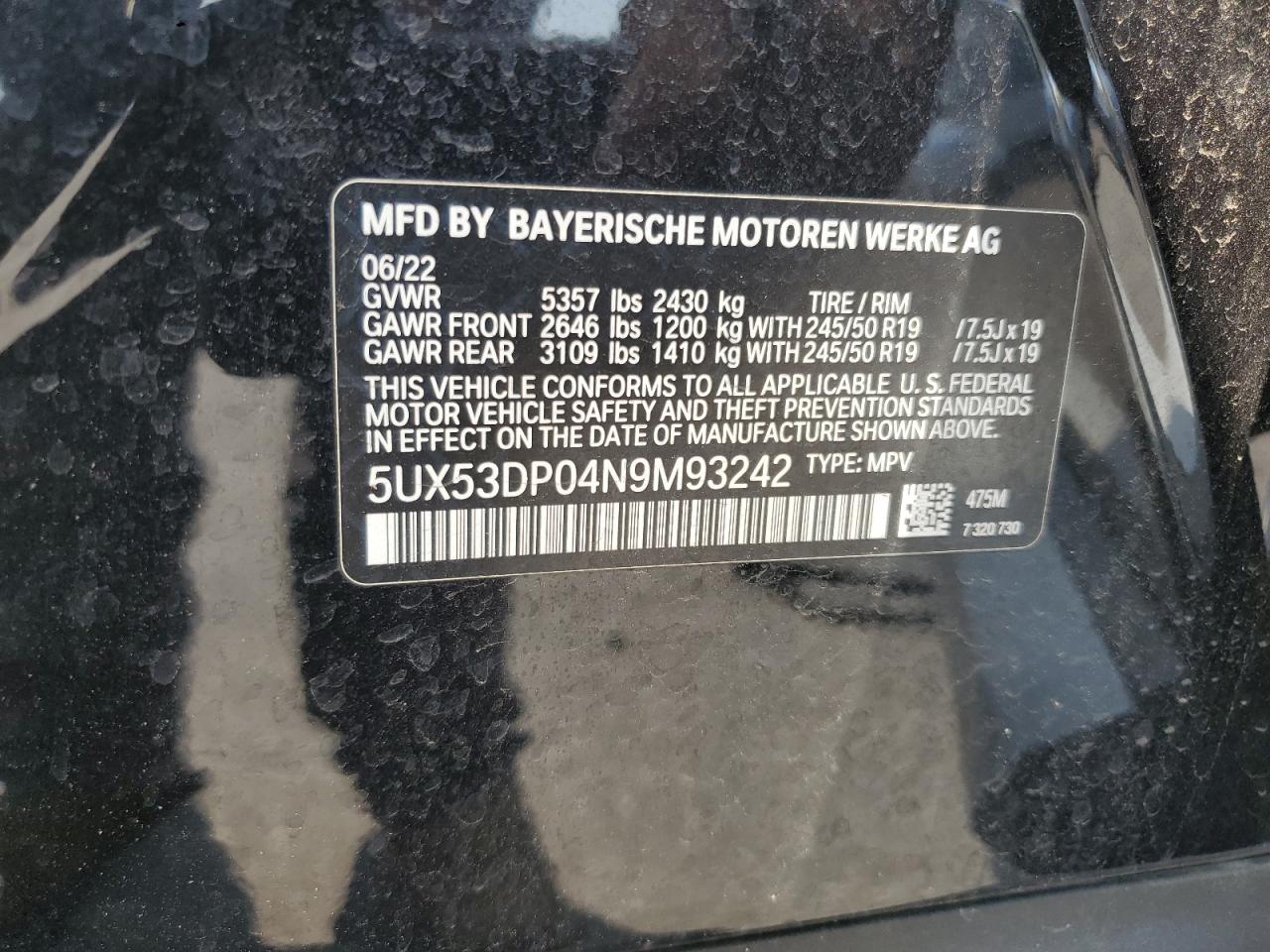 2022 BMW X3 xDrive30I VIN: 5UX53DP04N9M93242 Lot: 60414025