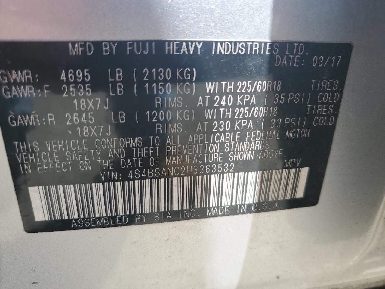 2017 Subaru Outback 2.5I Limited VIN: 4S4BSANC2H3363532 Lot: 61852095