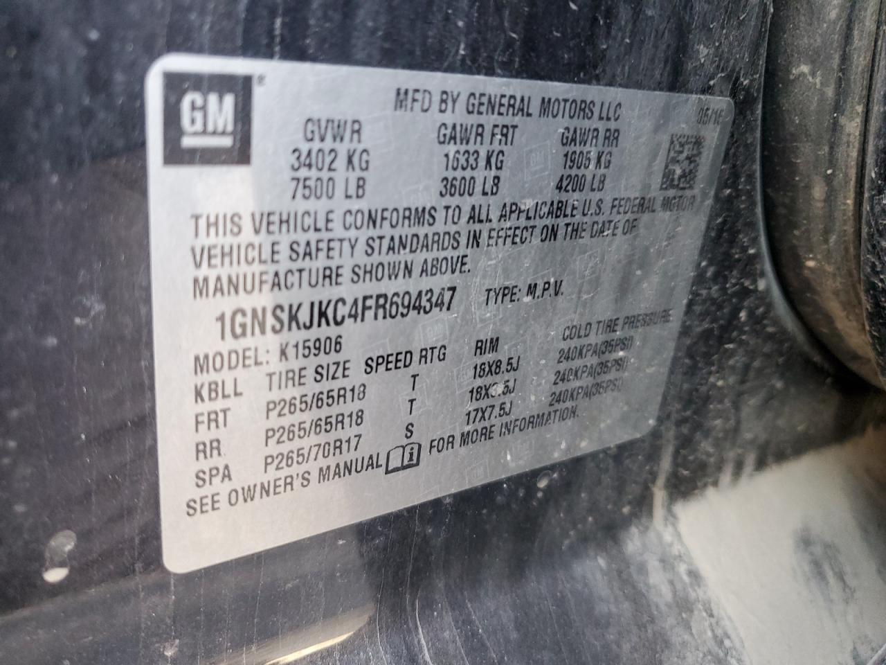 2015 Chevrolet Suburban K1500 Lt VIN: 1GNSKJKC4FR694347 Lot: 59358475