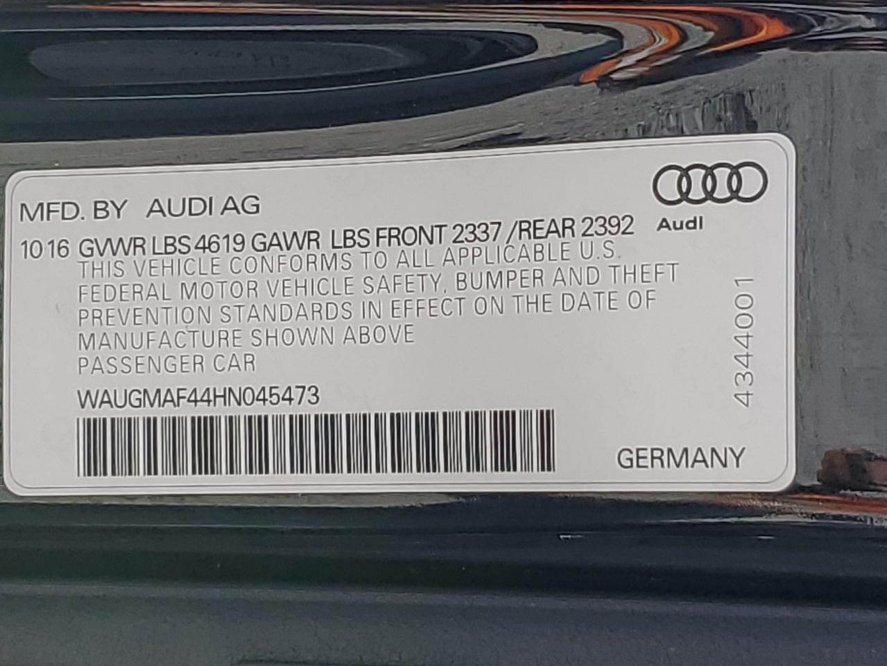 2017 Audi A4 Ultra Premium VIN: WAUGMAF44HN045473 Lot: 61658215