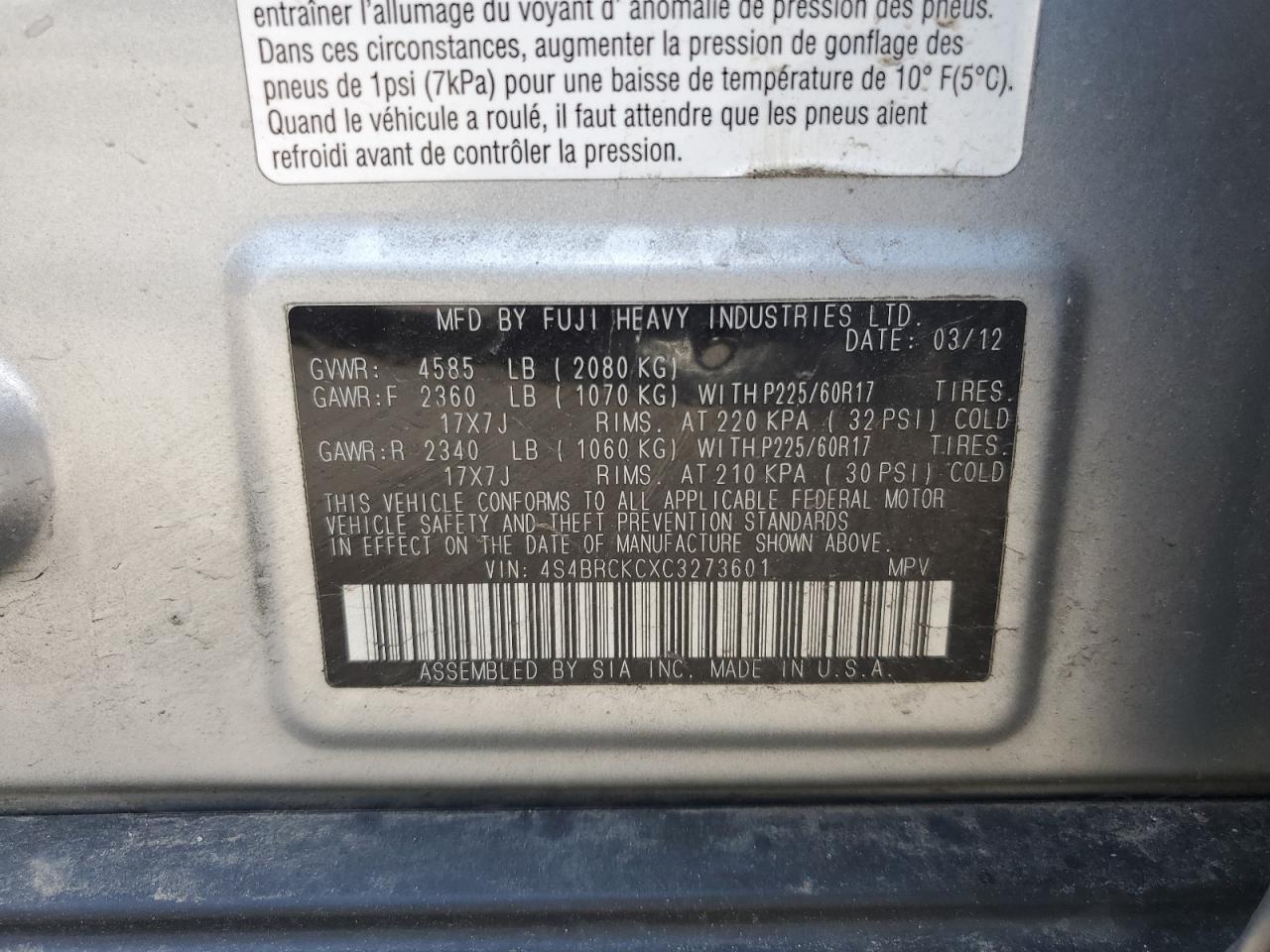 2012 Subaru Outback 2.5I Limited VIN: 4S4BRCKCXC3273601 Lot: 62774115
