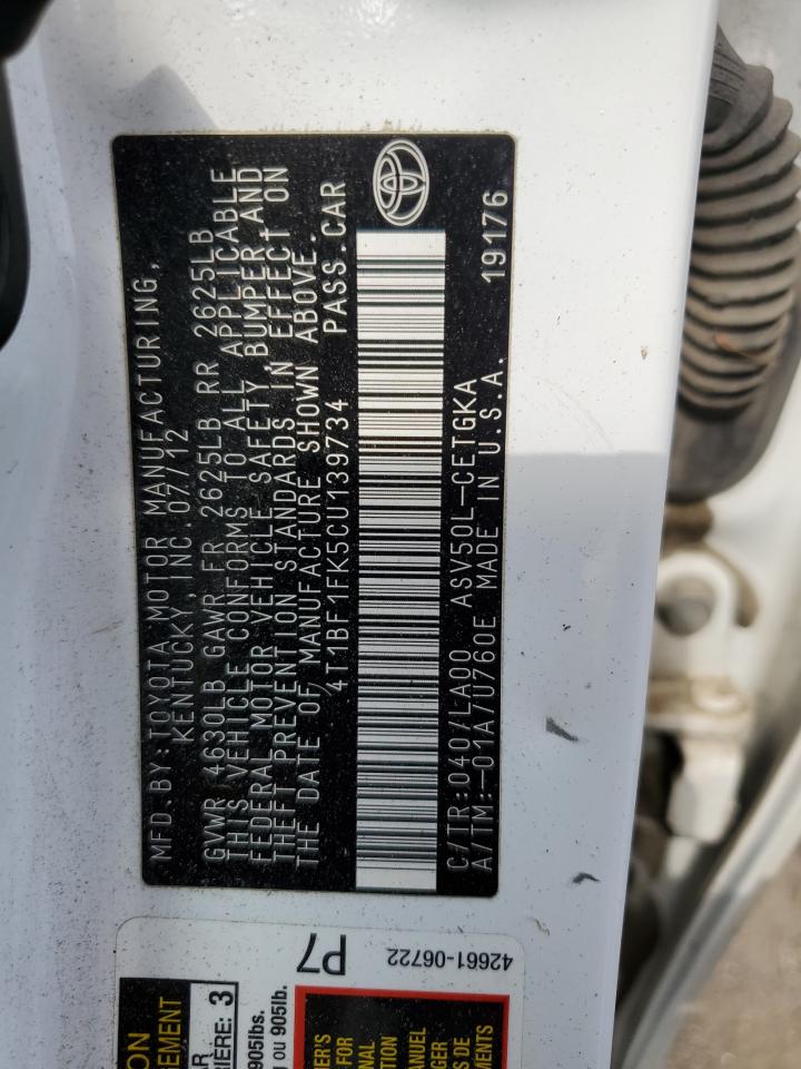 TOYOTA CAMRY 2012 VIN 4T1BF1FK5CU139734 фото 12