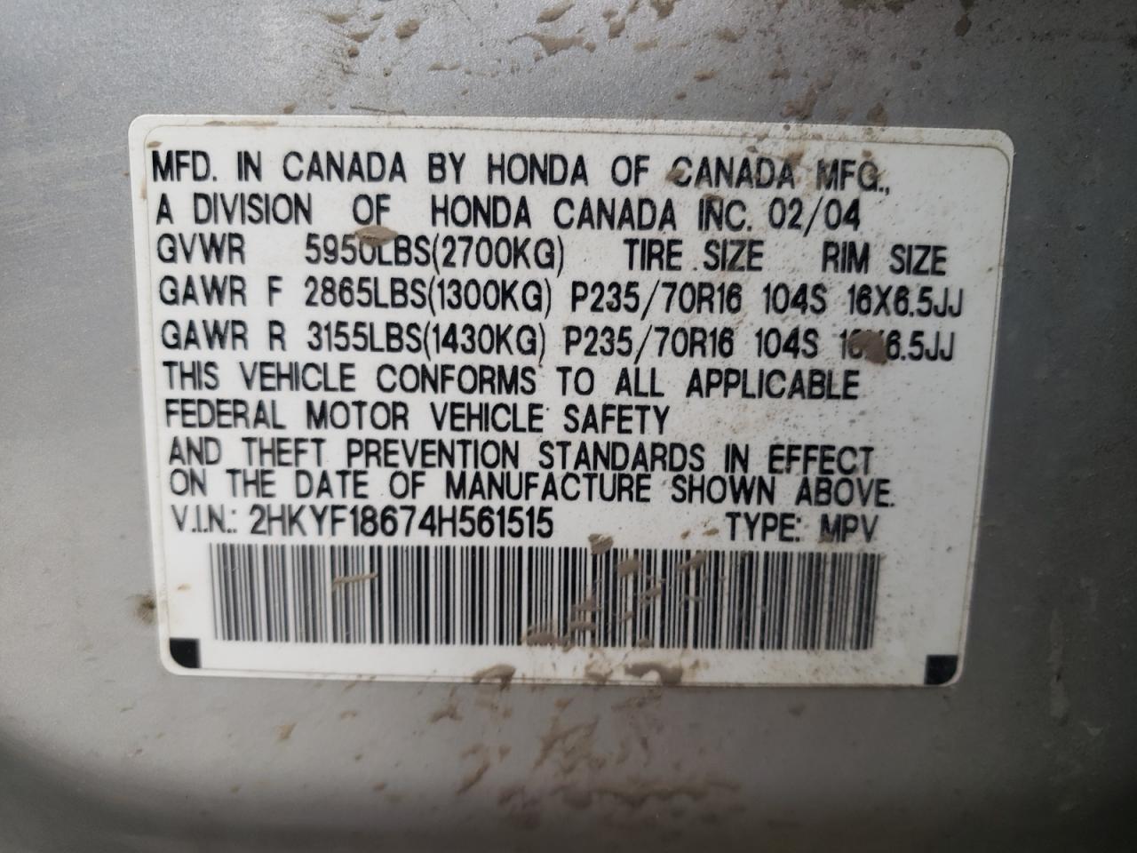 2004 Honda Pilot Exl VIN: 2HKYF18674H561515 Lot: 62397275