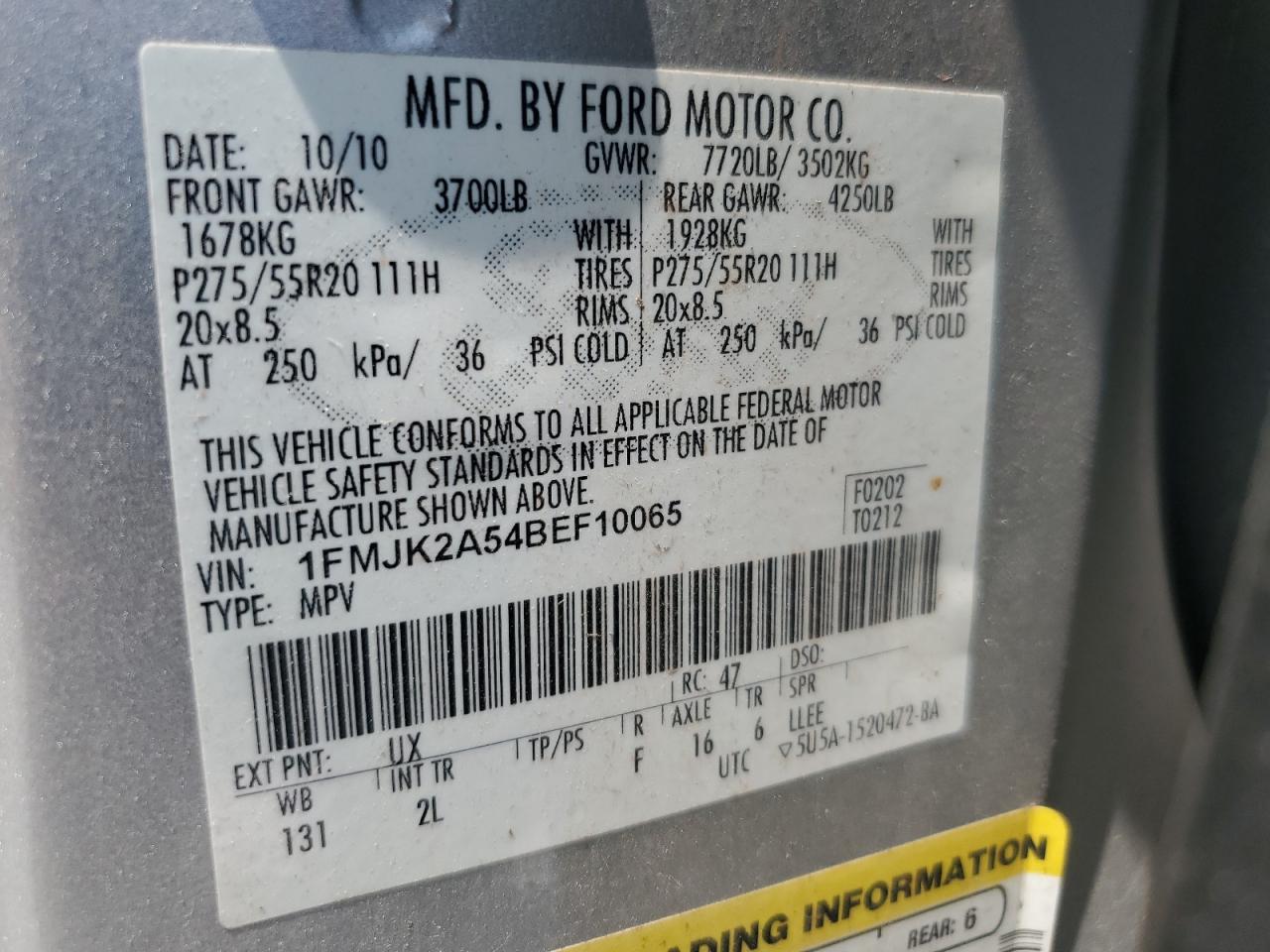 2011 Ford Expedition El Limited VIN: 1FMJK2A54BEF10065 Lot: 62543755