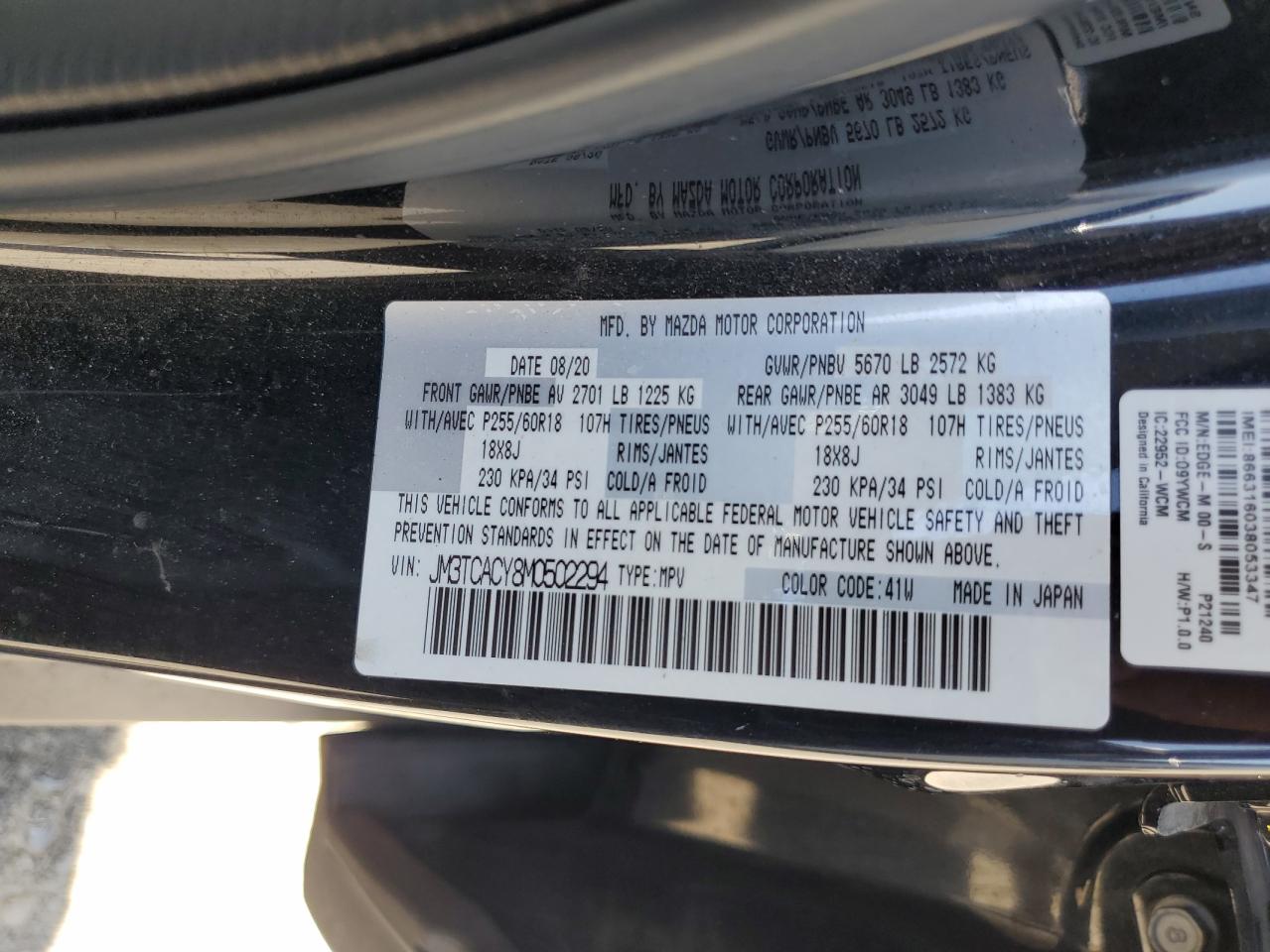 2021 Mazda Cx-9 Touring VIN: JM3TCACY8M0502294 Lot: 62950995