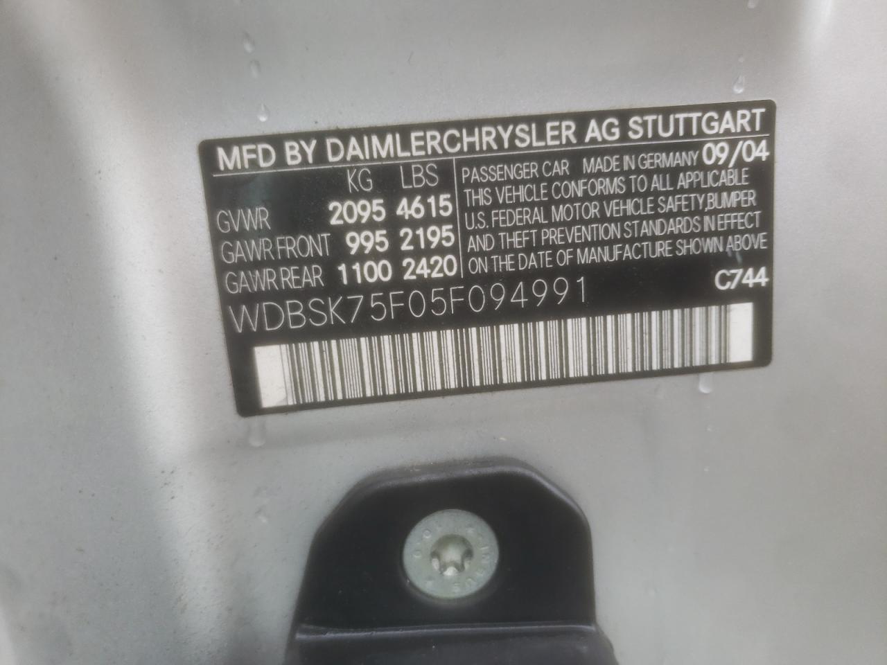 2005 Mercedes-Benz Sl 500 VIN: WDBSK75F05F094991 Lot: 61678705