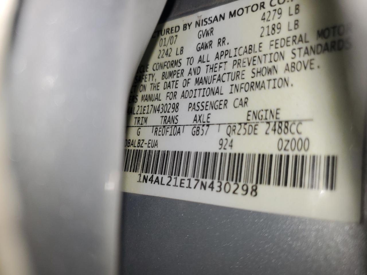 2007 Nissan Altima 2.5 VIN: 430298 Lot: 62622925