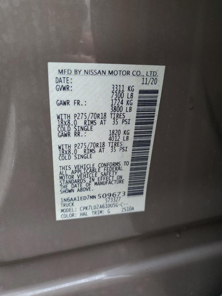 2021 Nissan Titan Sv VIN: 1N6AA1ED7MN509673 Lot: 61254615