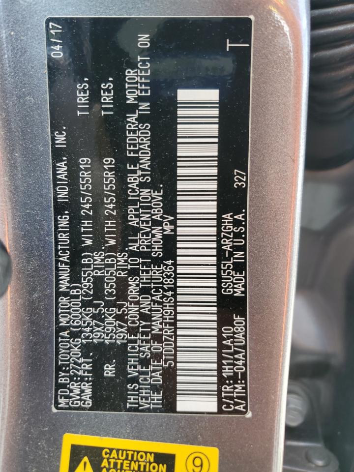 2017 Toyota Highlander Limited VIN: 5TDDZRFH9HS418364 Lot: 62901335