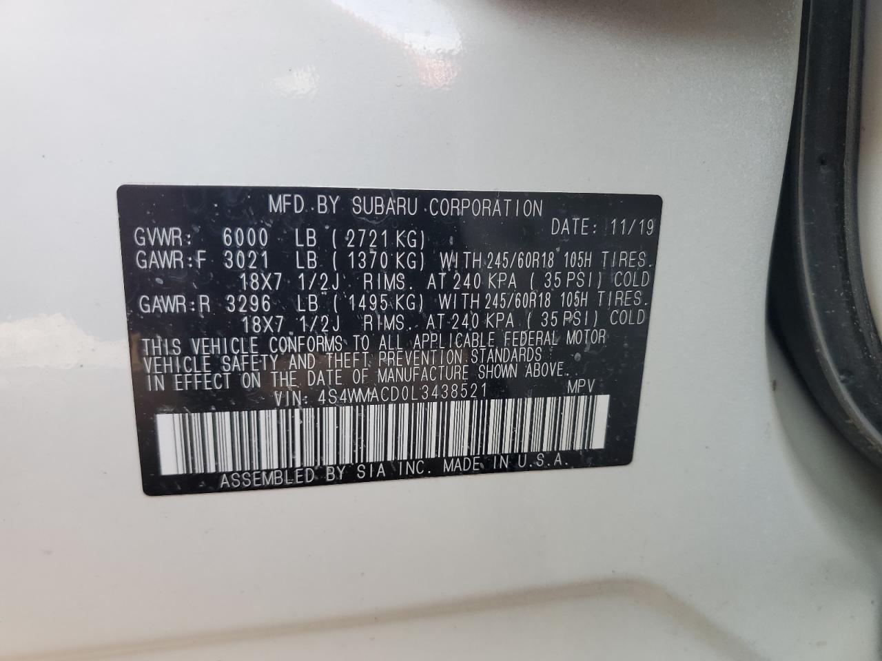 2020 Subaru Ascent Premium VIN: 4S4WMACD0L3438521 Lot: 62208675