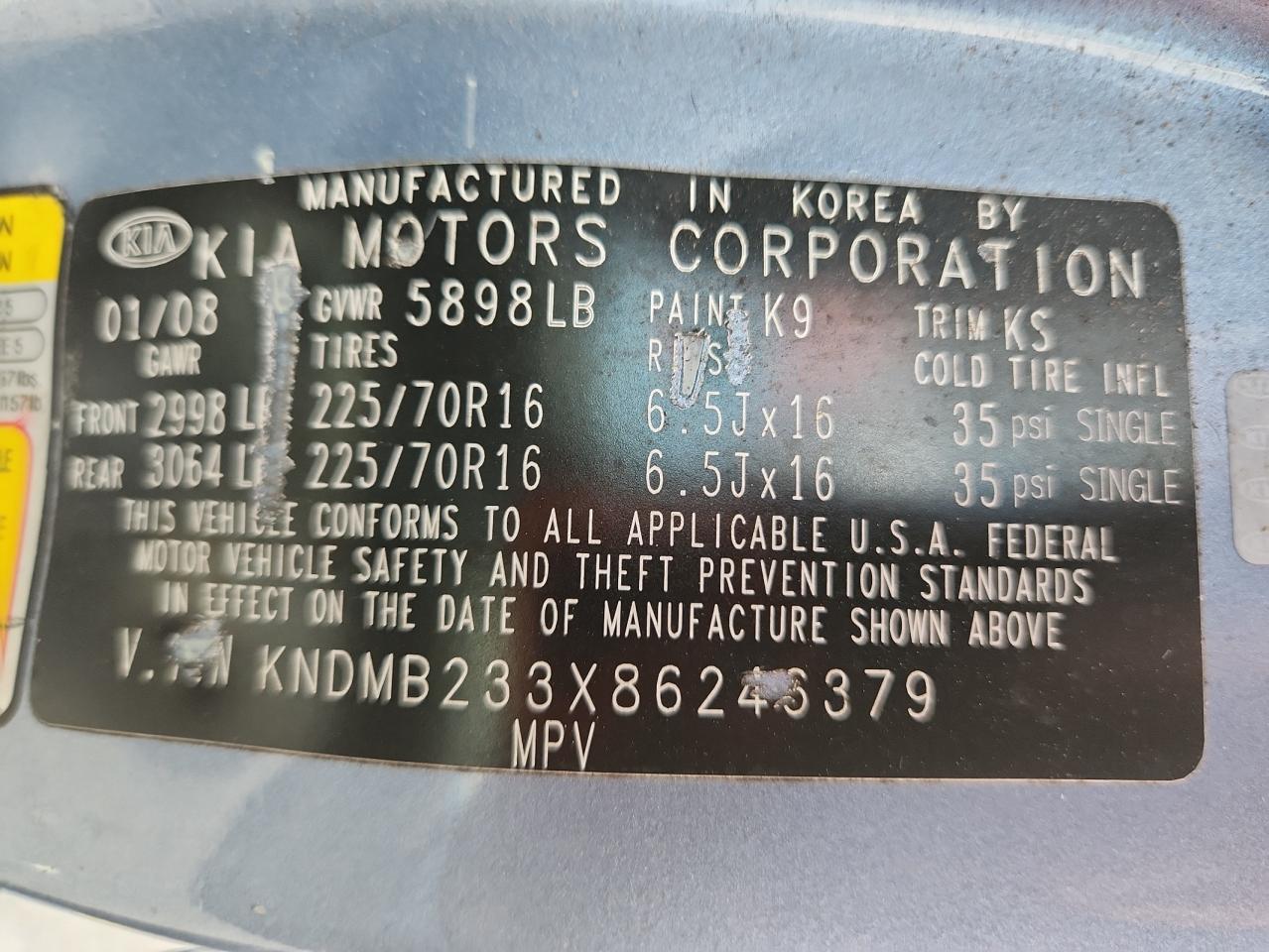 2008 Kia Sedona Ex VIN: KNDMB233X86246379 Lot: 61808115