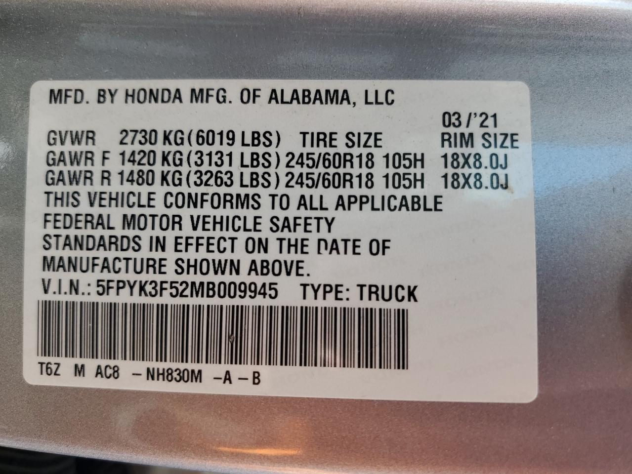 2021 Honda Ridgeline Rtl VIN: 5FPYK3F52MB009945 Lot: 62386245