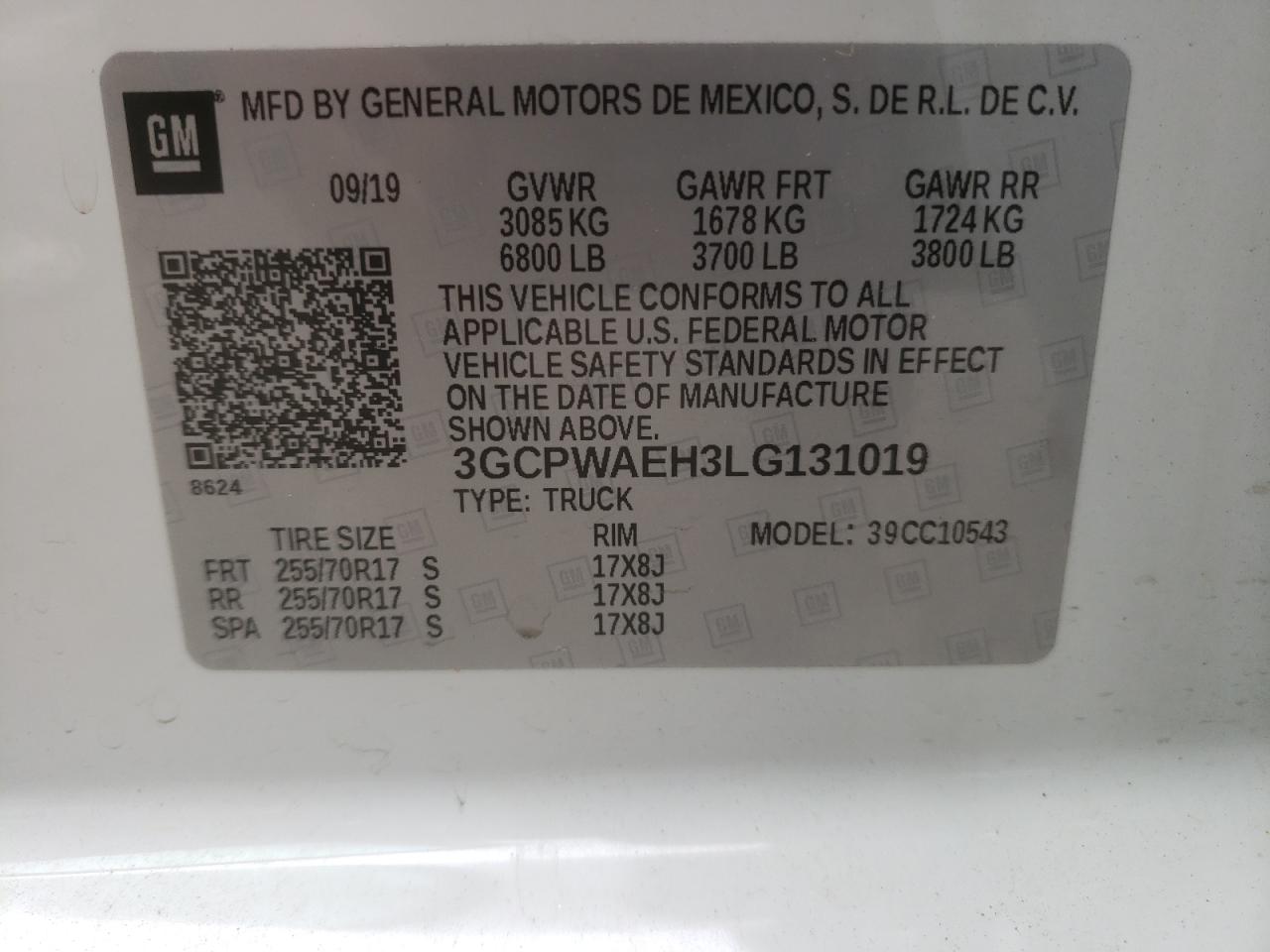 3GCPWAEH3LG131019 CHEVROLET ALL Models 2020