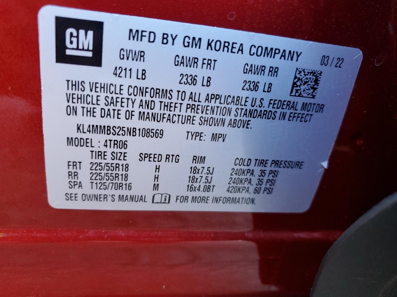 2022 Buick Encore Gx Preferred VIN: KL4MMBS25NB108569 Lot: 61677485