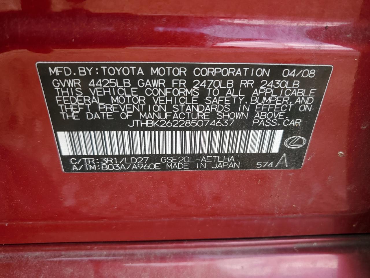 2008 Lexus Is 250 VIN: JTHBK262285074637 Lot: 60552695