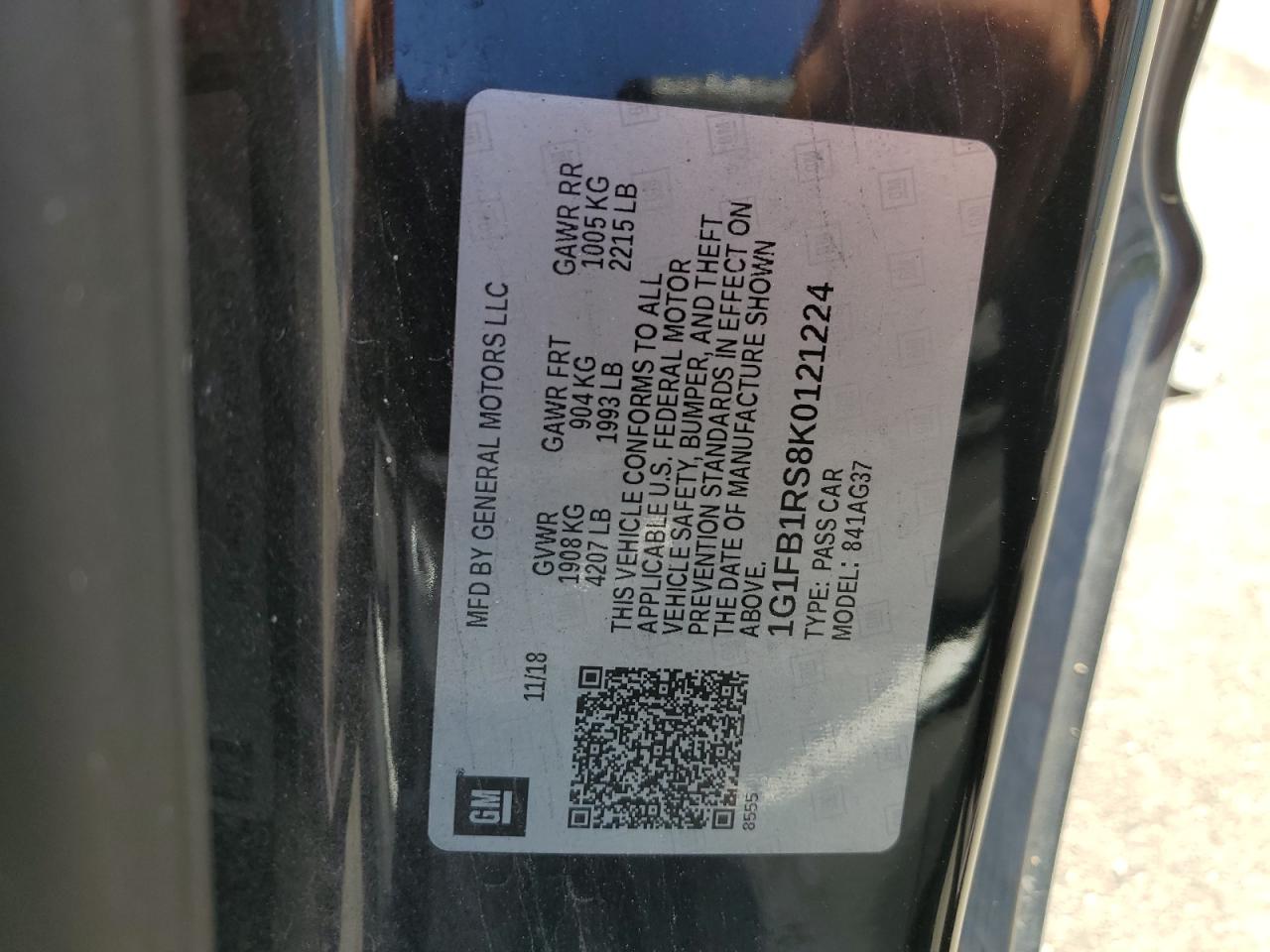 1G1FB1RS8K0121224 CHEVROLET CAMARO 2019