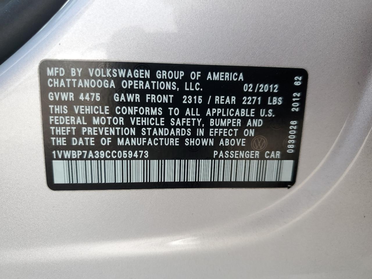 2012 Volkswagen Passat Se VIN: 1VWBP7A39CC059473 Lot: 62217265