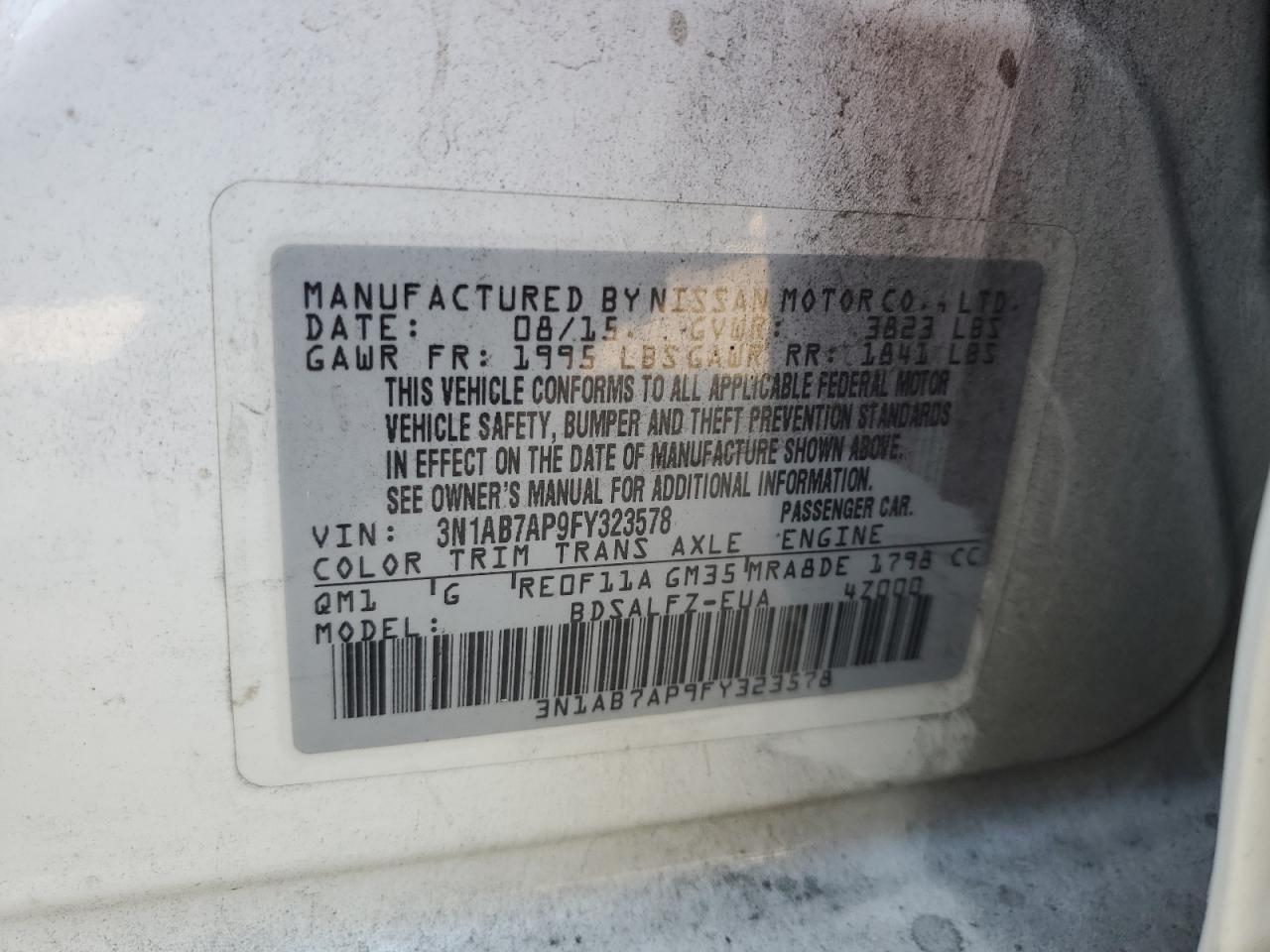 2015 Nissan Sentra S VIN: 3N1AB7AP9FY323578 Lot: 59387085