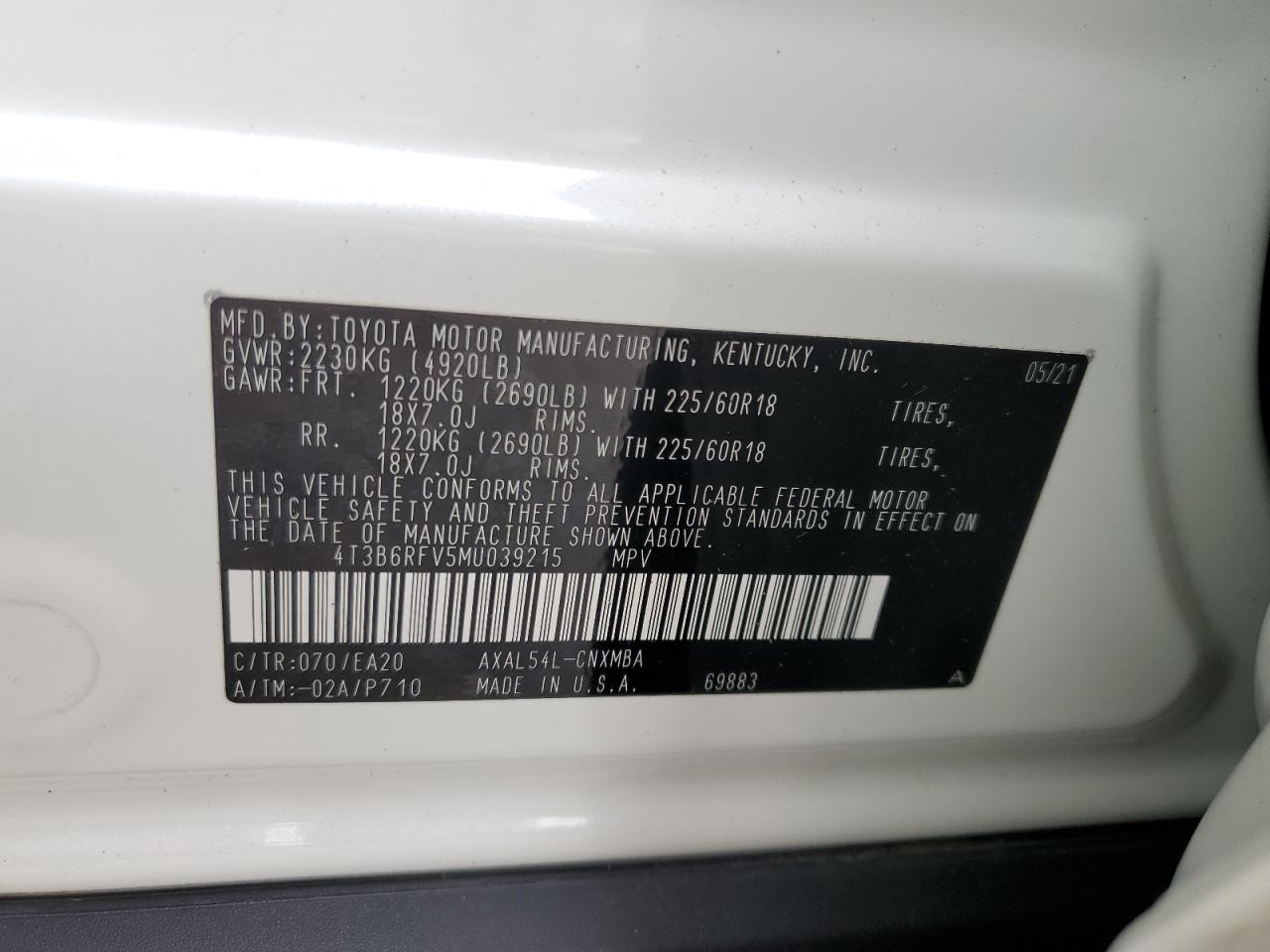 4T3B6RFV5MU039215 TOYOTA RAV4 2021