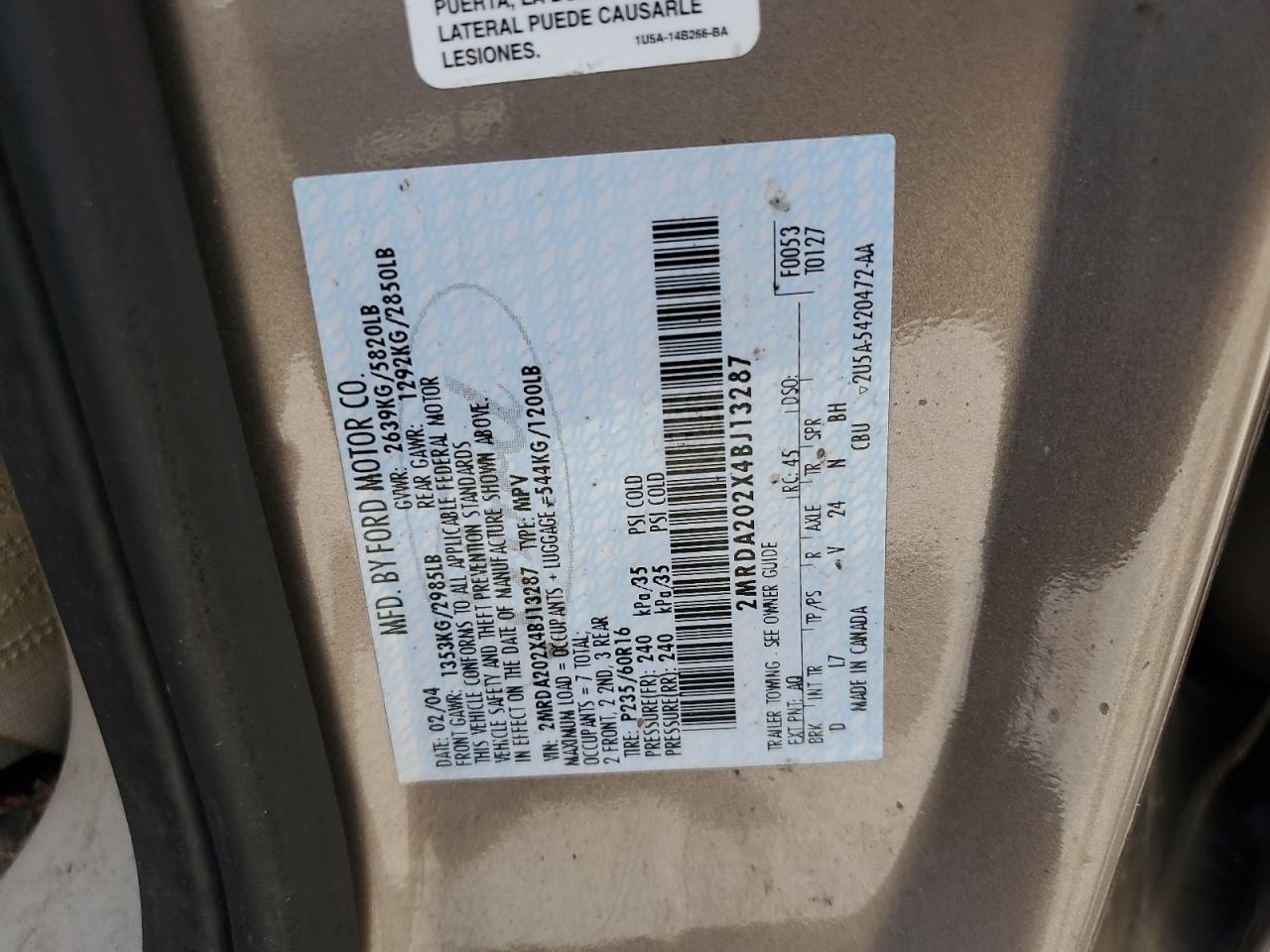 2004 Mercury Monterey VIN: 2MRDA202X4BJ13287 Lot: 62113815