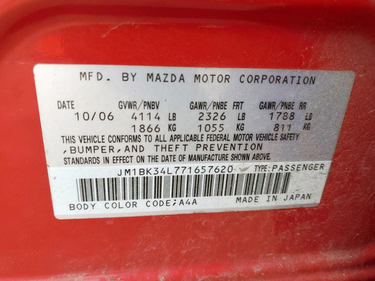 2007 Mazda Speed 3 VIN: JM1BK34L771657620 Lot: 59393745