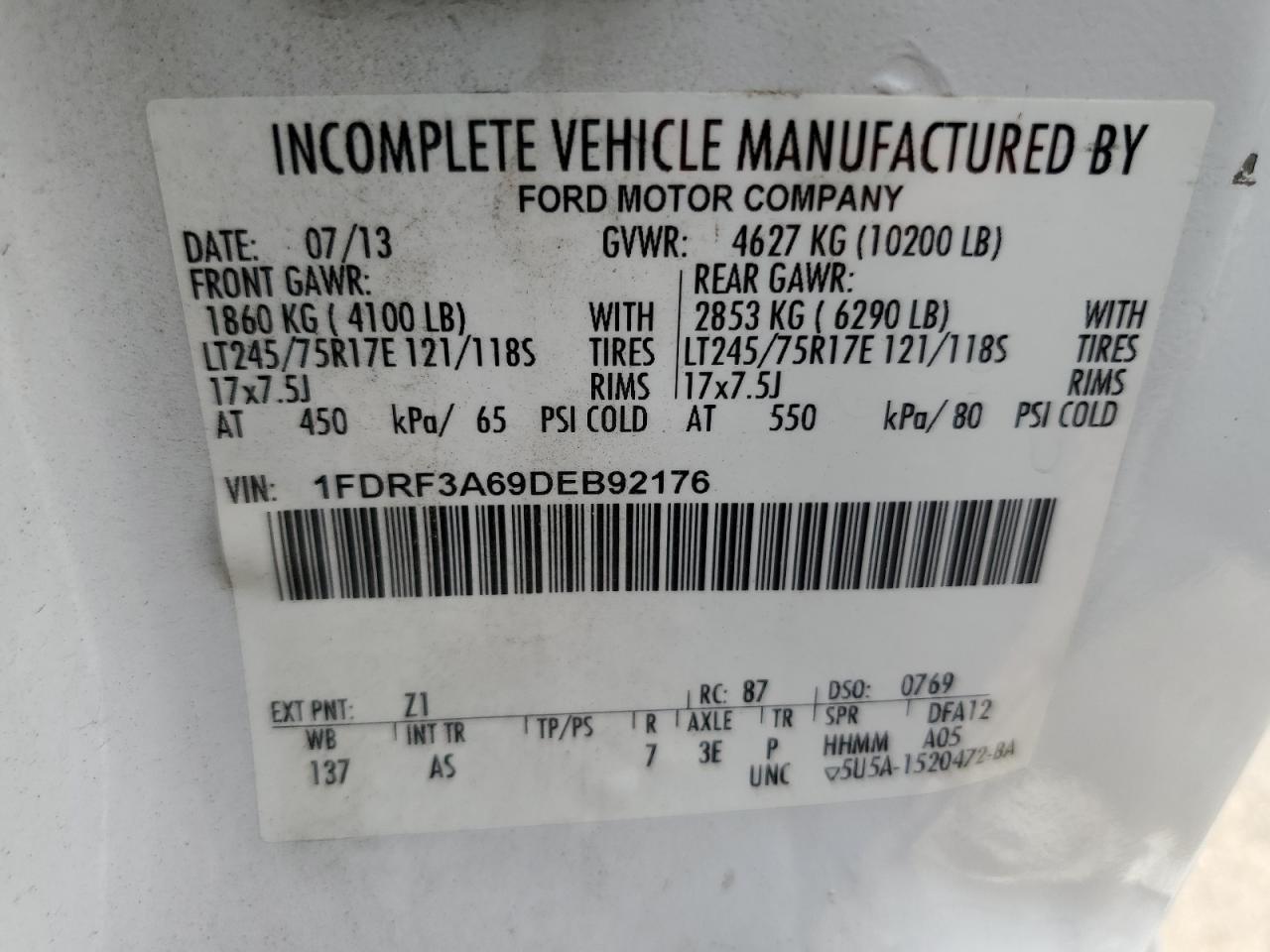 2013 Ford F350 Super Duty VIN: 1FDRF3A69DEB92176 Lot: 59272945