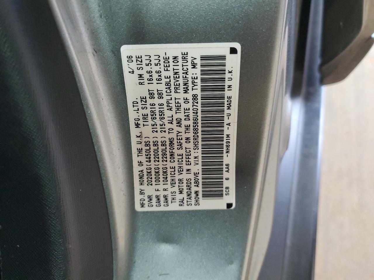 2006 Honda Cr-V Lx VIN: SHSRD68586U407288 Lot: 62325795