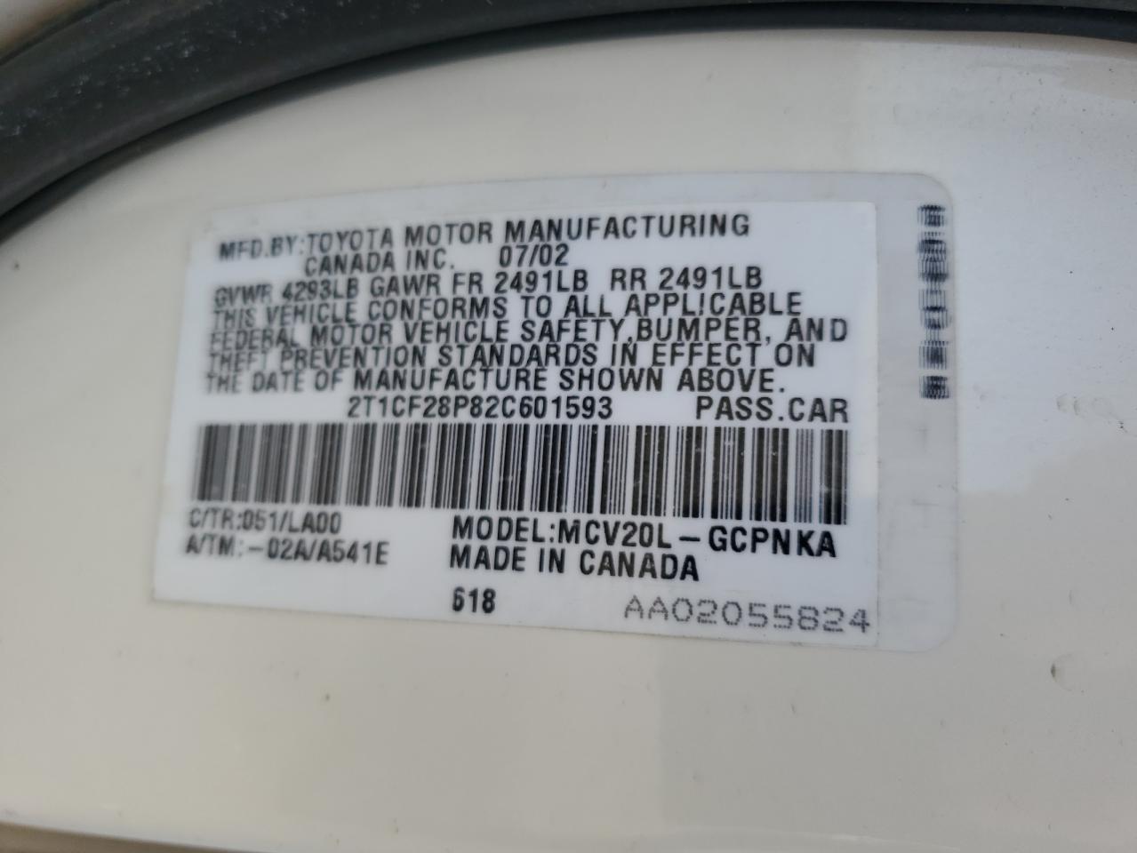 2002 Toyota Camry Solara Se VIN: 2T1CF28P82C601593 Lot: 60487005