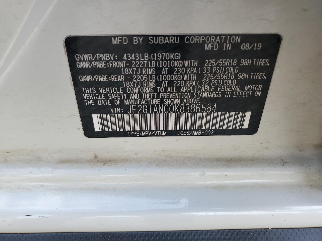 2019 Subaru Crosstrek Limited VIN: JF2GTANC0K8386584 Lot: 61916455