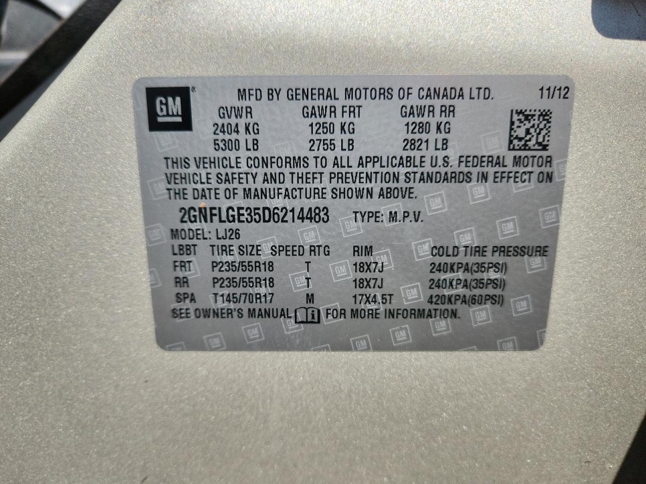 2013 Chevrolet Equinox Ltz VIN: 2GNFLGE35D6214483 Lot: 62934455