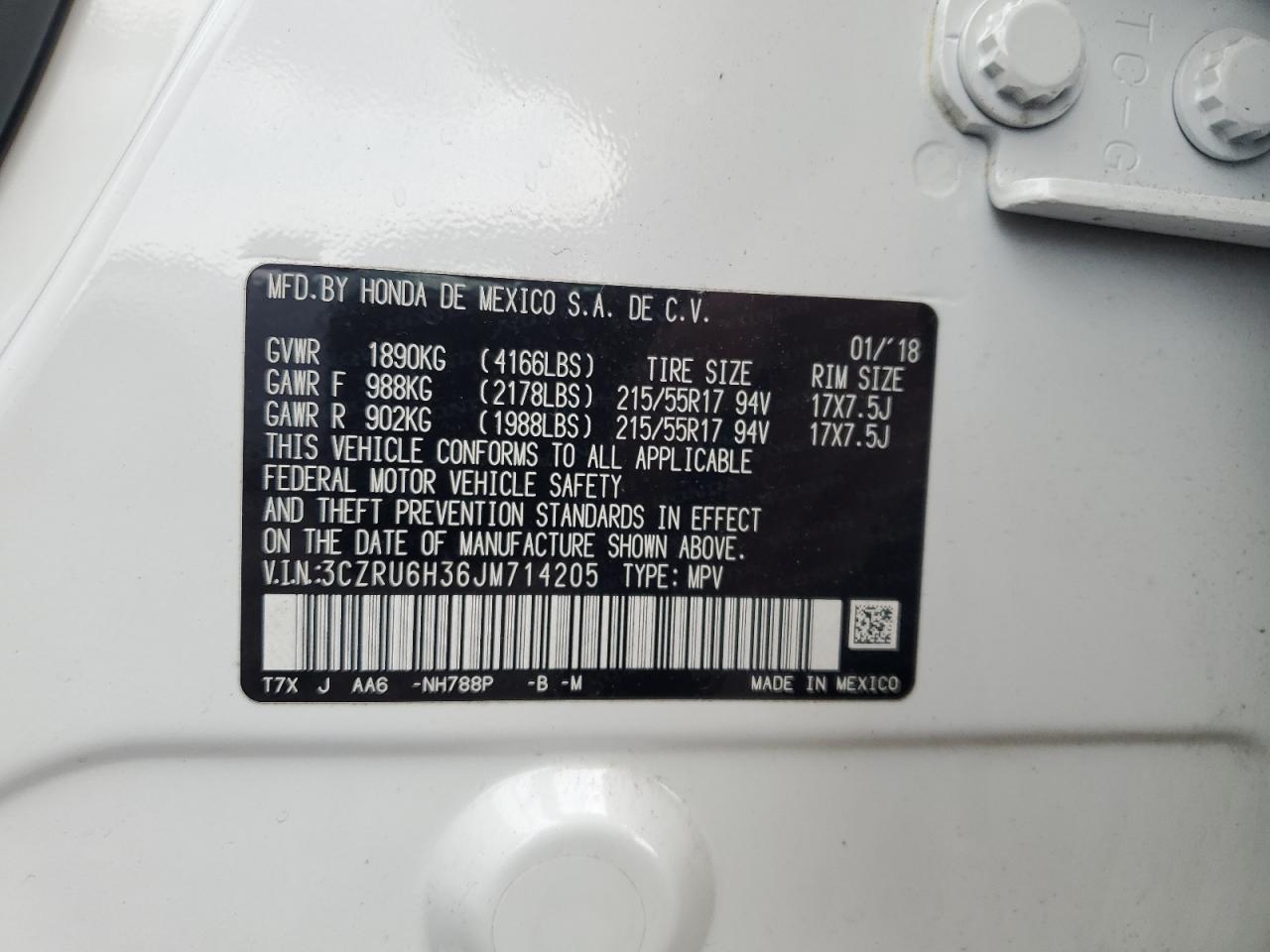 3CZRU6H36JM714205 HONDA HR-V 2018