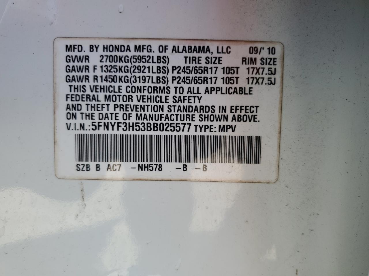 2011 Honda Pilot Exl VIN: 5FNYF3H53BB025577 Lot: 59563905