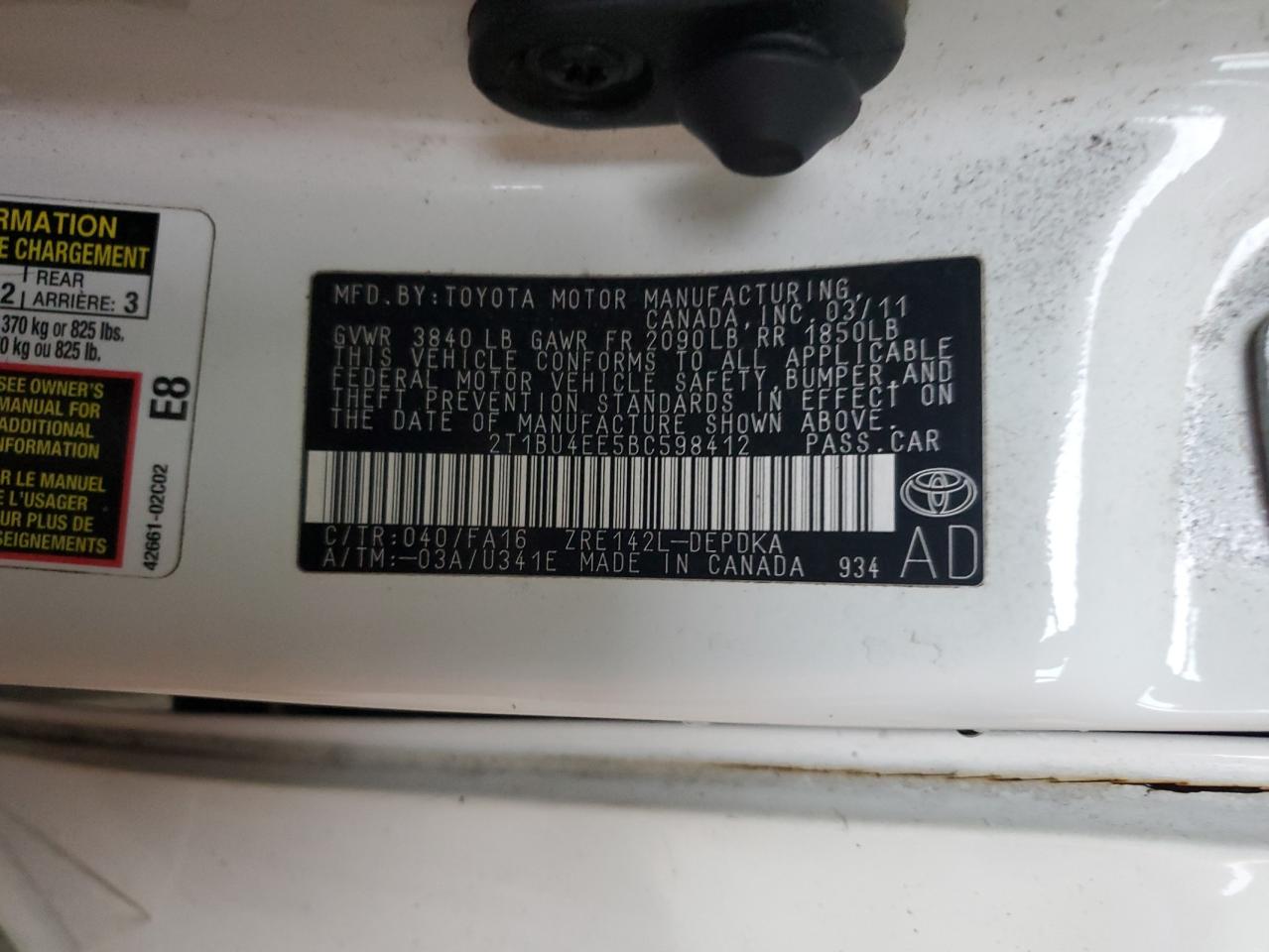 TOYOTA COROLLA 2011 VIN 2T1BU4EE5BC598412 фото 13