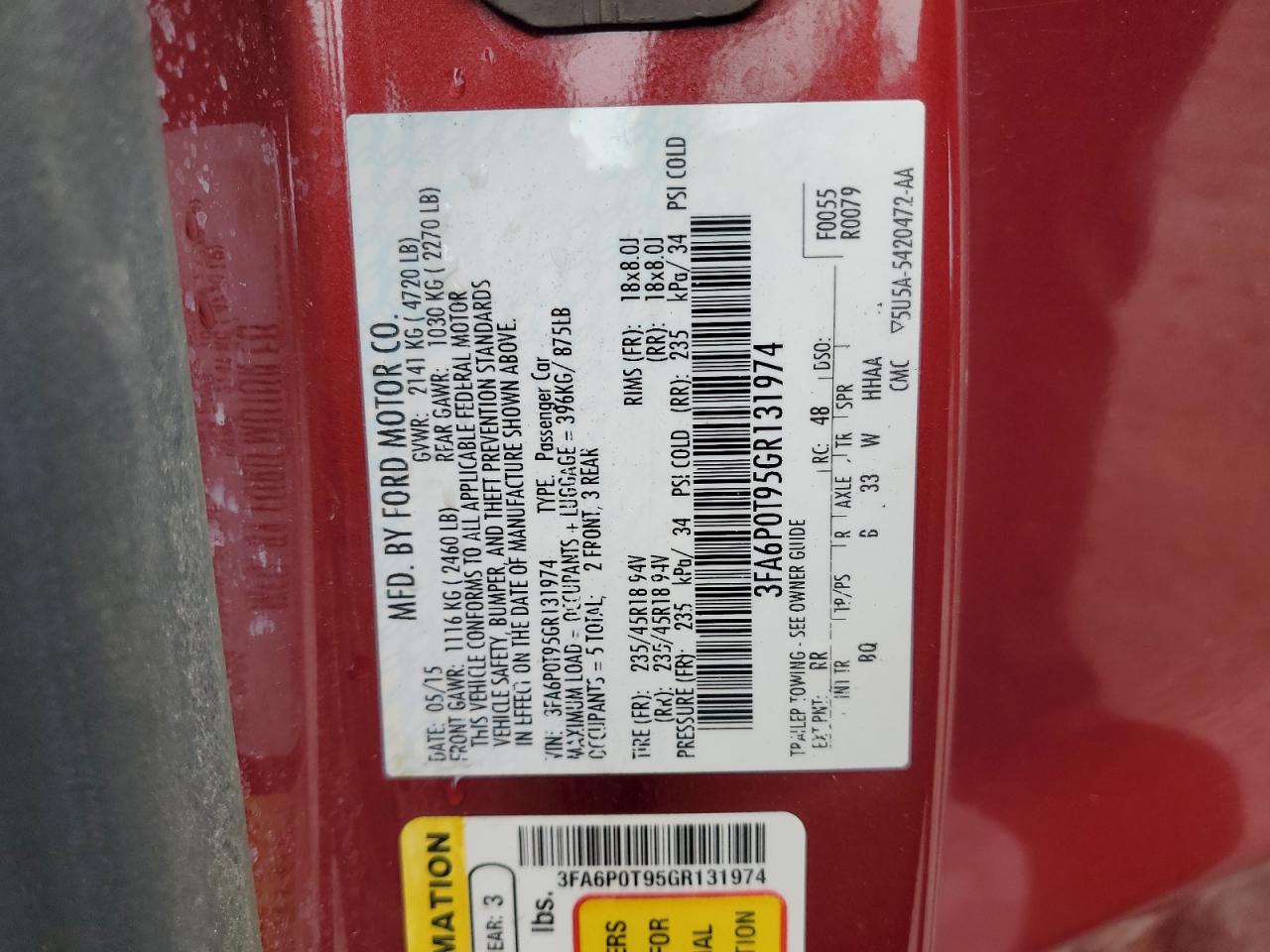 3FA6P0T95GR131974 FORD FUSION 2016
